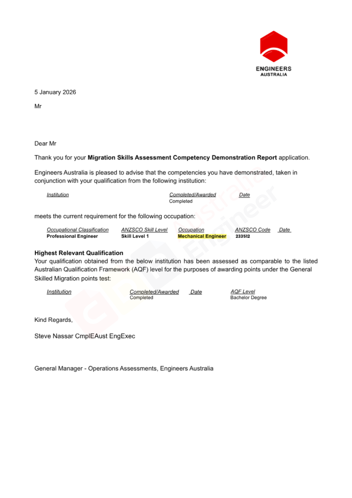 Engineers Australia positive assessment