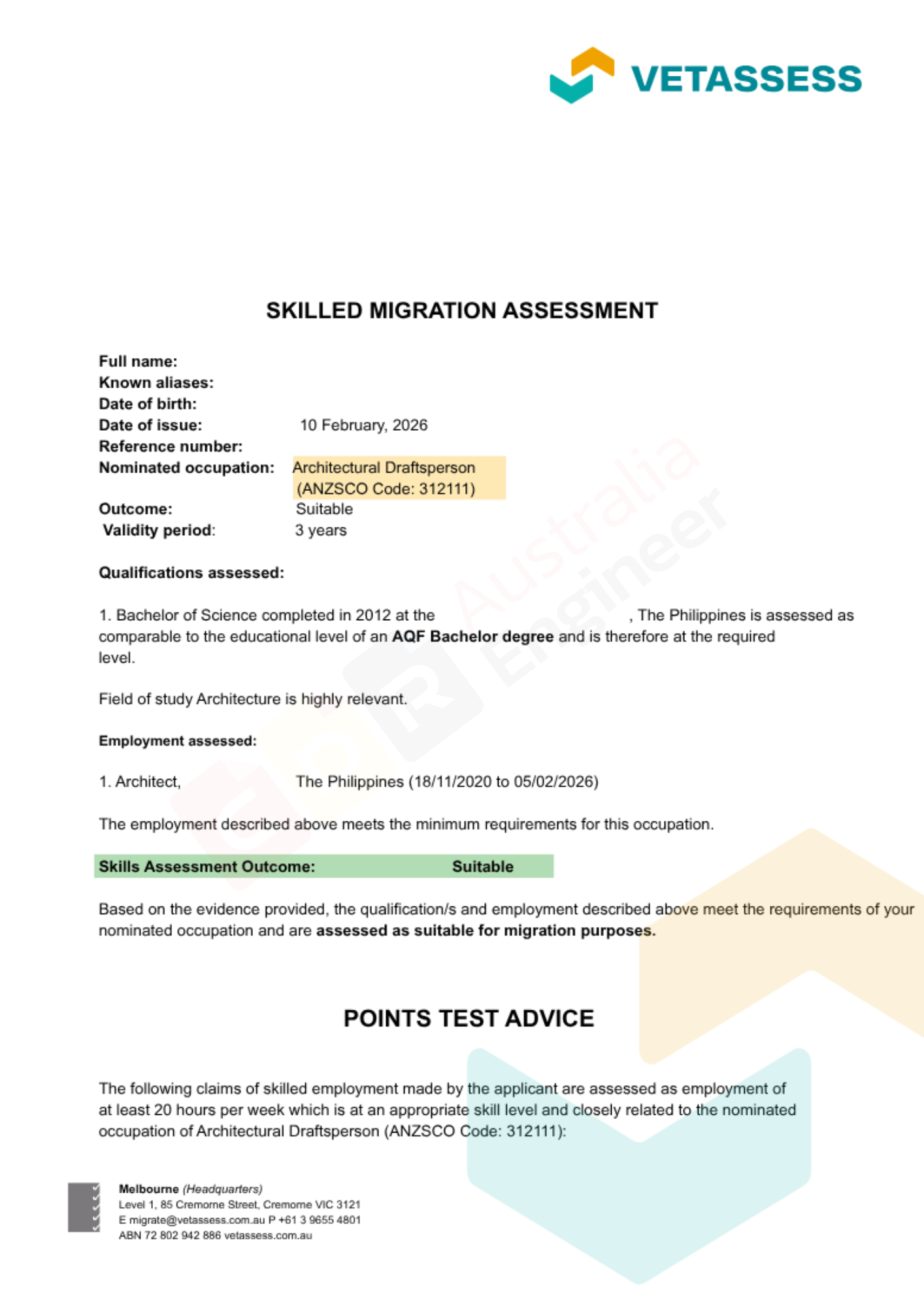VETASSESS positive assessment