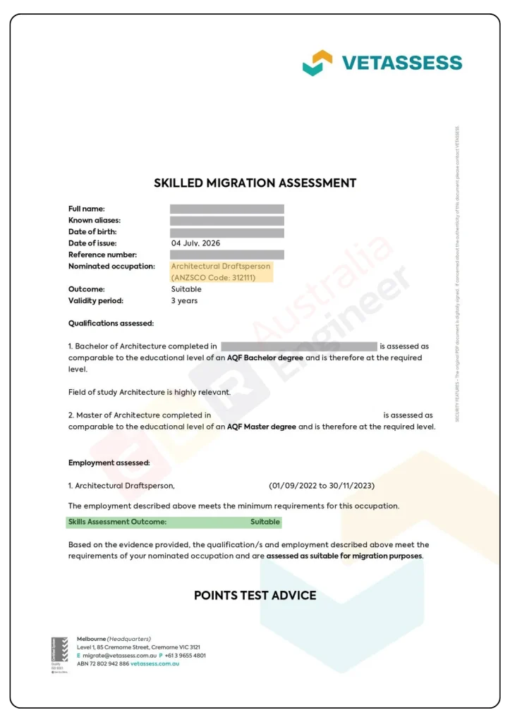VETASSESS positive skills assessment for Architectural Draftsperson ANZSCO 312111