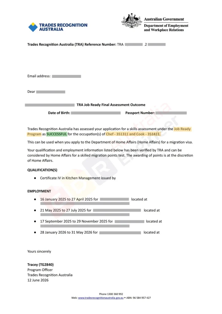 TRA successful Job Ready Program assessment for Chef and Cook