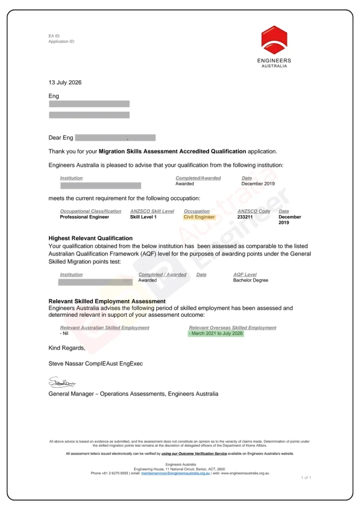 Engineers Australia positive skills assessment for Civil Engineer ANZSCO 233211