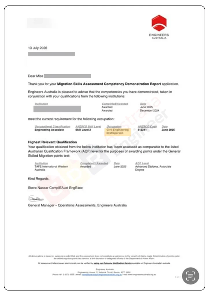 Engineers Australia skills assessment for Civil Engineering Draftsperson ANZSCO 312211
