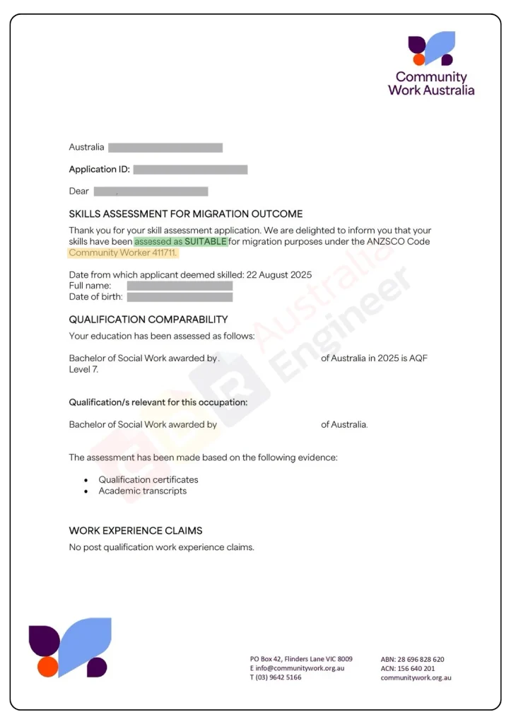 Community Work Australia positive skills assessment for Community Worker ANZSCO 411711