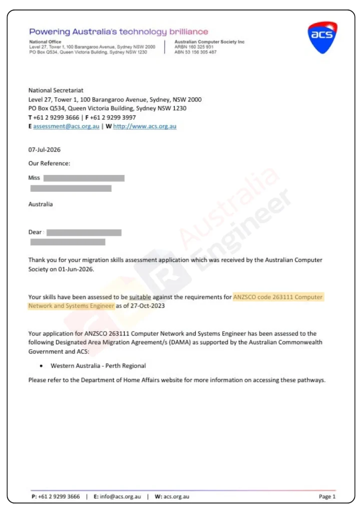 ACS skills assessment for Computer Network and Systems Engineer ANZSCO 263111