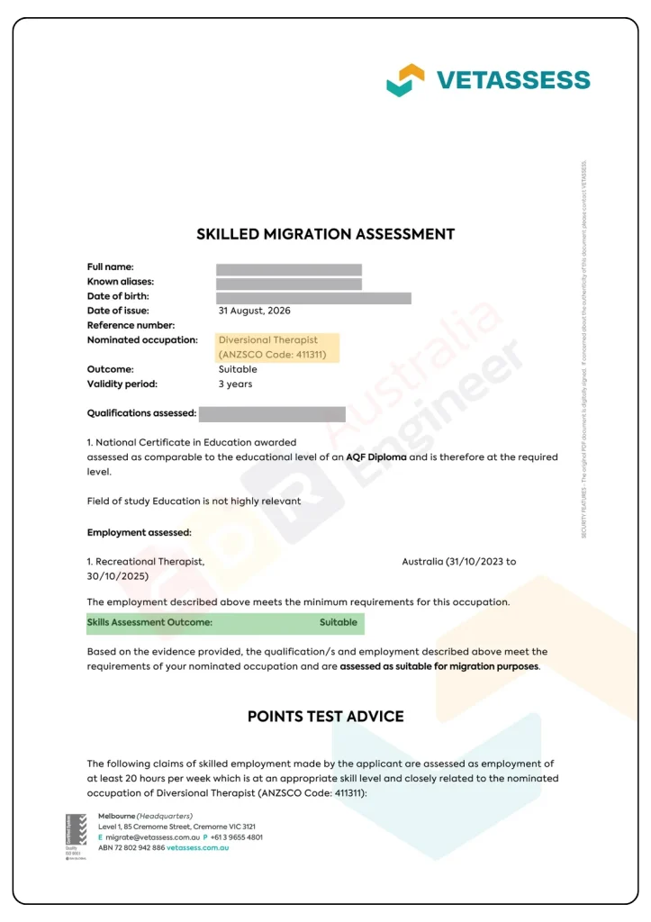 VETASSESS positive skills assessment for Diversional Therapist ANZSCO 411311.