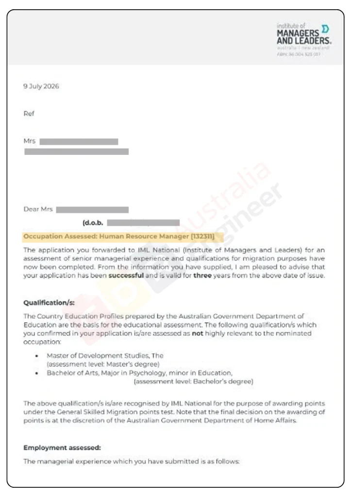 IML skills assessment for Human Resource Manager ANZSCO 132311