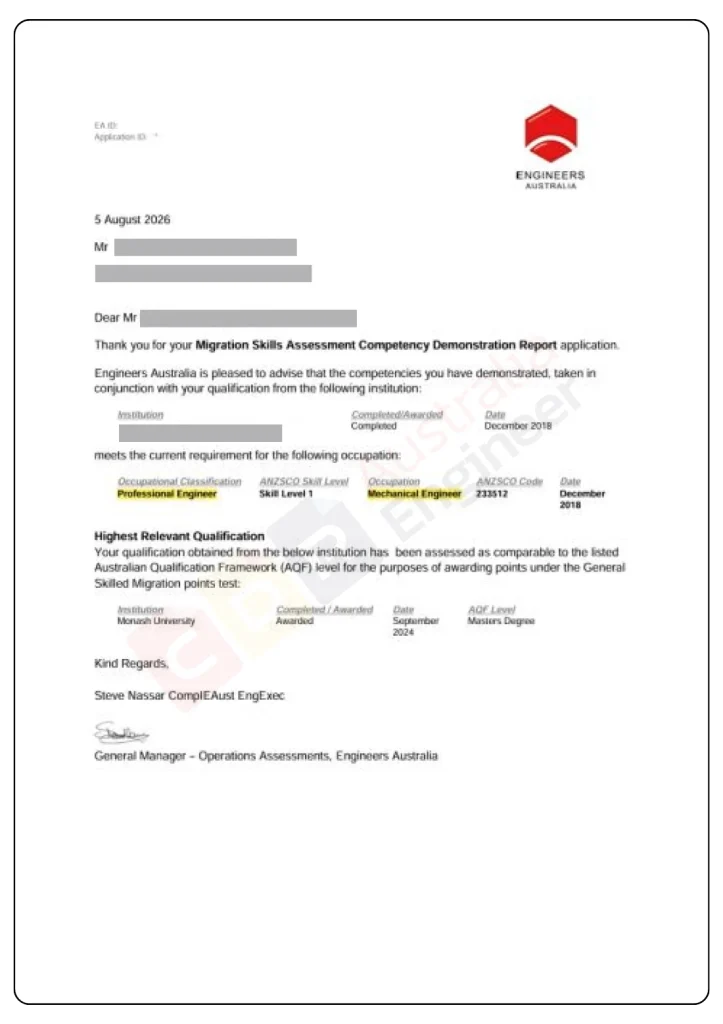 Engineers Australia skills assessment for Mechanical Engineer ANZSCO 233512