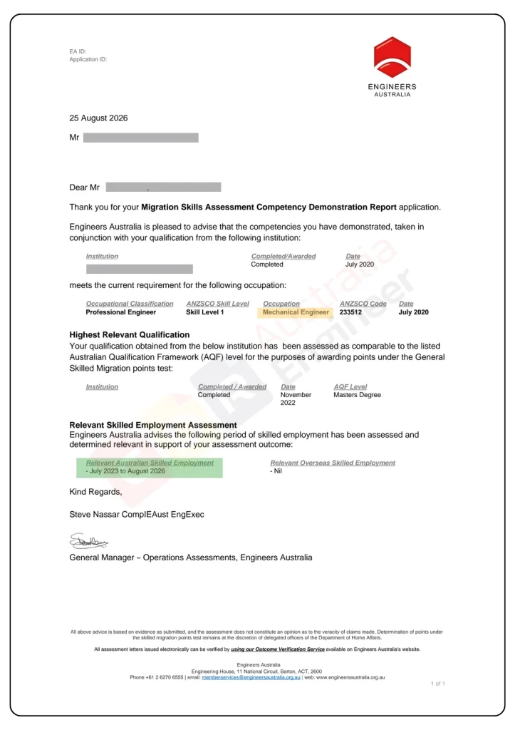 Engineers Australia skills assessment for Mechanical Engineer ANZSCO 233512