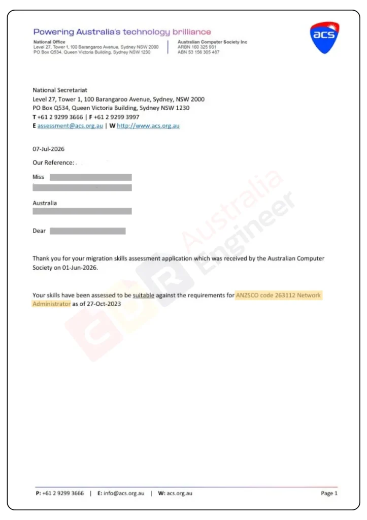 ACS positive skills assessment for Computer Network and Systems Engineer ANZSCO 263111