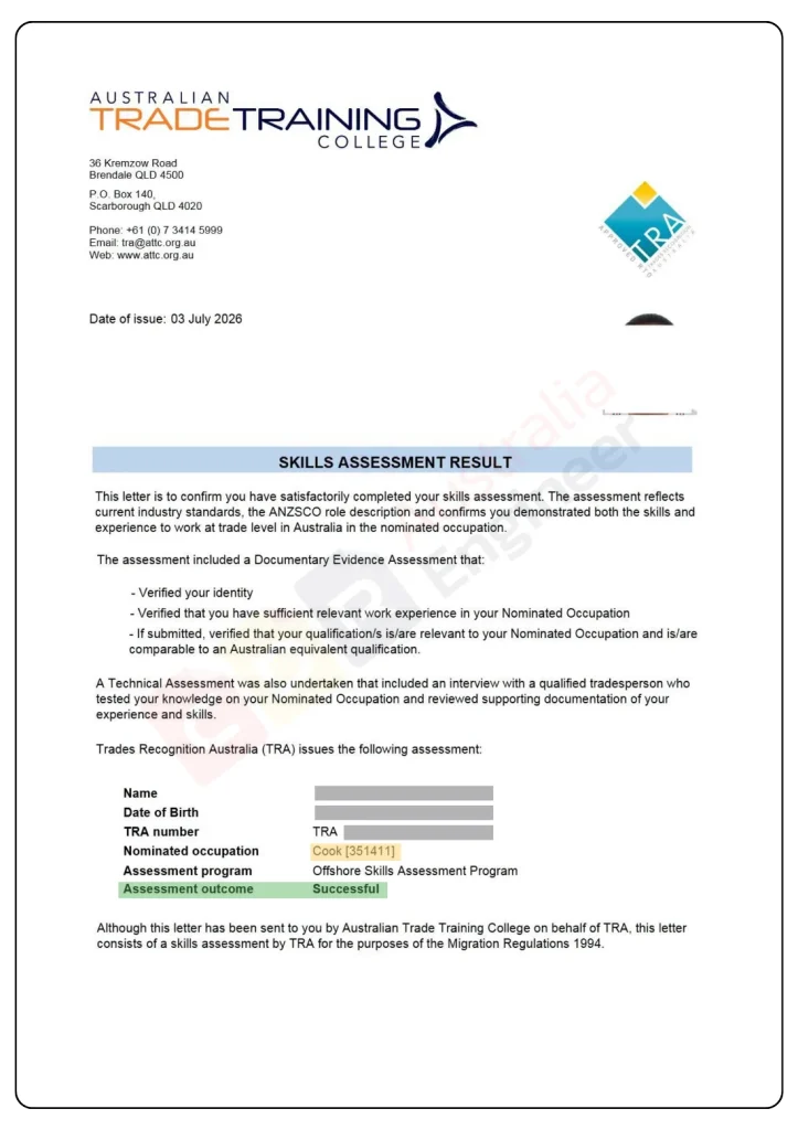 Successful TRA skills assessment for Cook ANZSCO 351411