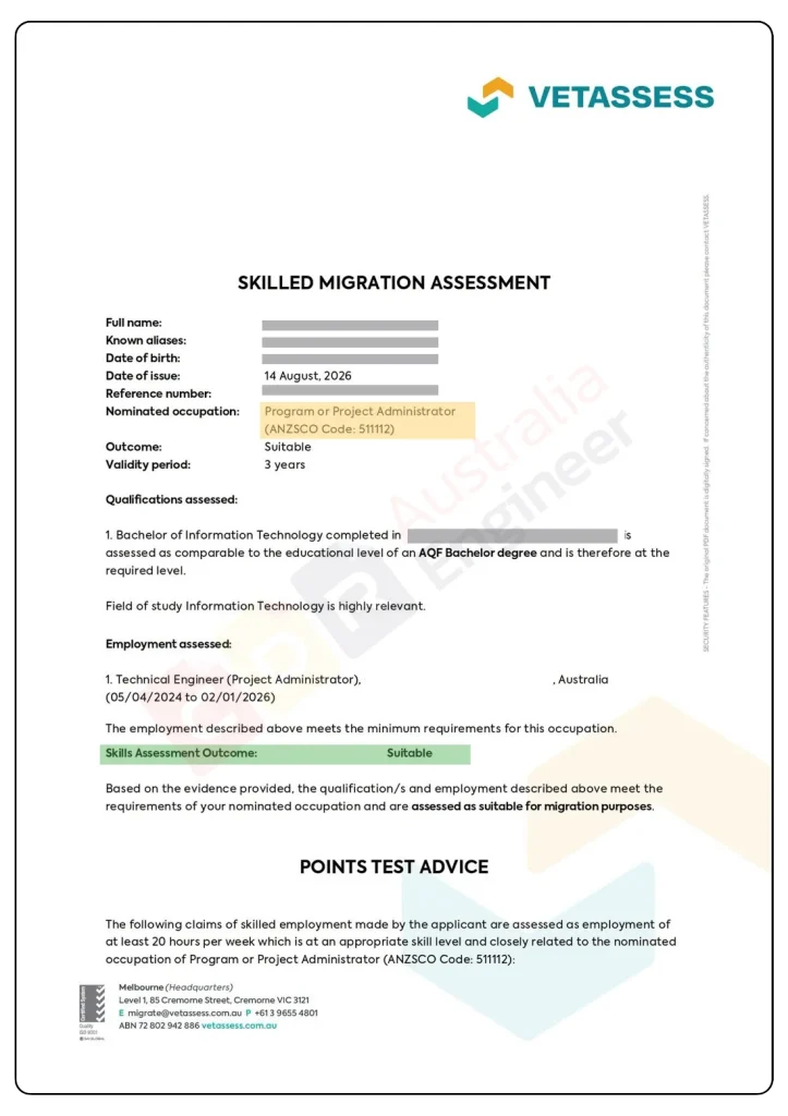 VETASSESS skills assessment for Program or Project Administrator ANZSCO 511112