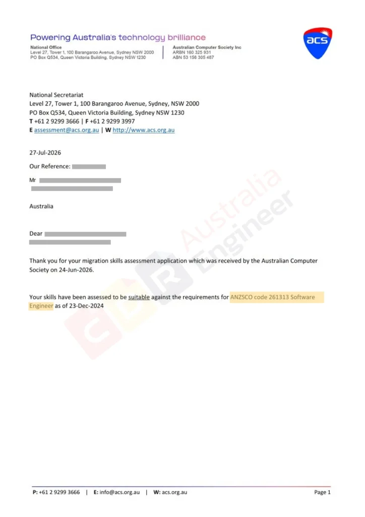 ACS positive skills assessment for Software Engineer ANZSCO 261313