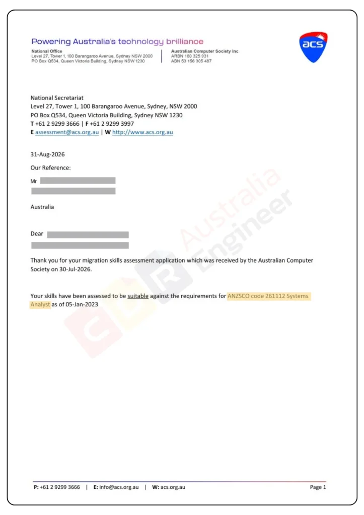 ACS positive skills assessment for Systems Analyst ANZSCO 261112